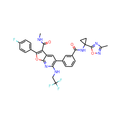 CNC(=O)c1c(-c2ccc(F)cc2)oc2nc(NCC(F)(F)F)c(-c3cccc(C(=O)NC4(c5nc(C)no5)CC4)c3)cc12 ZINC000214218414