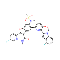 CNC(=O)c1c(-c2ccc(F)cn2)oc2cc(N(C)S(C)(=O)=O)c(-c3ccc4c(n3)-c3cc5c(F)cccc5n3CO4)cc12 ZINC000212234952