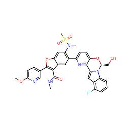 CNC(=O)c1c(-c2ccc(OC)nc2)oc2cc(N(C)S(C)(=O)=O)c(-c3ccc4c(n3)-c3cc5c(F)cccc5n3[C@H](CO)O4)cc12 ZINC000212212016