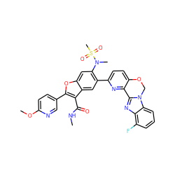 CNC(=O)c1c(-c2ccc(OC)nc2)oc2cc(N(C)S(C)(=O)=O)c(-c3ccc4c(n3)-c3nc5c(F)cccc5n3CO4)cc12 ZINC000212218018