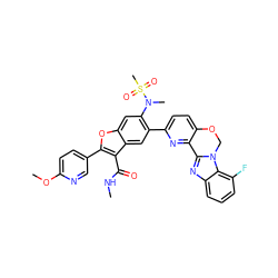 CNC(=O)c1c(-c2ccc(OC)nc2)oc2cc(N(C)S(C)(=O)=O)c(-c3ccc4c(n3)-c3nc5cccc(F)c5n3CO4)cc12 ZINC000212217914