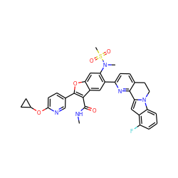 CNC(=O)c1c(-c2ccc(OC3CC3)nc2)oc2cc(N(C)S(C)(=O)=O)c(-c3ccc4c(n3)-c3cc5c(F)cccc5n3CC4)cc12 ZINC000212187980