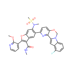 CNC(=O)c1c(-c2cccnc2OC)oc2cc(N(C)S(C)(=O)=O)c(-c3ccc4c(n3)-c3cc5c(F)cccc5n3CO4)cc12 ZINC000212211079