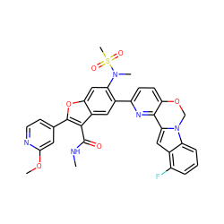 CNC(=O)c1c(-c2ccnc(OC)c2)oc2cc(N(C)S(C)(=O)=O)c(-c3ccc4c(n3)-c3cc5c(F)cccc5n3CO4)cc12 ZINC000212187800