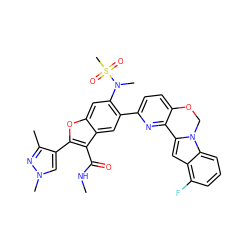 CNC(=O)c1c(-c2cn(C)nc2C)oc2cc(N(C)S(C)(=O)=O)c(-c3ccc4c(n3)-c3cc5c(F)cccc5n3CO4)cc12 ZINC000212211177