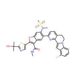 CNC(=O)c1c(-c2cnc(C(C)(C)O)s2)oc2cc(N(C)S(C)(=O)=O)c(-c3ccc4c(n3)-c3cc5c(F)cccc5n3CC4)cc12 ZINC000212205342