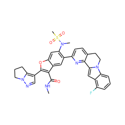 CNC(=O)c1c(-c2cnn3c2CCC3)oc2cc(N(C)S(C)(=O)=O)c(-c3ccc4c(n3)-c3cc5c(F)cccc5n3CC4)cc12 ZINC000212211463