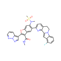 CNC(=O)c1c(-c2cnn3ncccc23)oc2cc(N(C)S(C)(=O)=O)c(-c3ccc4c(n3)-c3cc5c(F)cccc5n3CC4)cc12 ZINC000220480996