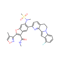 CNC(=O)c1c(-c2nocc2C)oc2cc(N(C)S(C)(=O)=O)c(-c3ccc4c(n3)-c3cc5c(F)cccc5n3CC4)cc12 ZINC000212235559