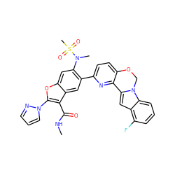 CNC(=O)c1c(-n2cccn2)oc2cc(N(C)S(C)(=O)=O)c(-c3ccc4c(n3)-c3cc5c(F)cccc5n3CO4)cc12 ZINC000212253376