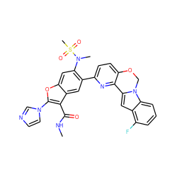 CNC(=O)c1c(-n2ccnc2)oc2cc(N(C)S(C)(=O)=O)c(-c3ccc4c(n3)-c3cc5c(F)cccc5n3CO4)cc12 ZINC000212245041