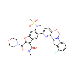 CNC(=O)c1c(C(=O)N2CCOCC2)oc2cc(N(C)S(C)(=O)=O)c(-c3ccc4c(n3)-c3cc5c(F)cccc5n3CO4)cc12 ZINC000212289216