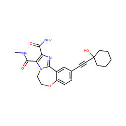 CNC(=O)c1c(C(N)=O)nc2n1CCOc1ccc(C#CC3(O)CCCCC3)cc1-2 ZINC000215776228