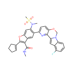 CNC(=O)c1c(C2=CCCC2)oc2cc(N(C)S(C)(=O)=O)c(-c3ccc4c(n3)-c3cc5c(F)cccc5n3CO4)cc12 ZINC000212263315