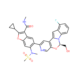 CNC(=O)c1c(C2CC2)oc2cc(N(C)S(C)(=O)=O)c(-c3cc4c(cn3)O[C@H](CO)n3c-4cc4c(F)cccc43)cc12 ZINC000220469375