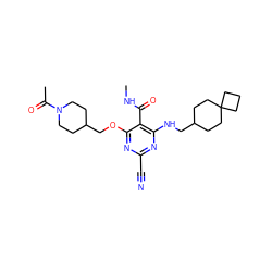 CNC(=O)c1c(NCC2CCC3(CCC3)CC2)nc(C#N)nc1OCC1CCN(C(C)=O)CC1 ZINC000040916169