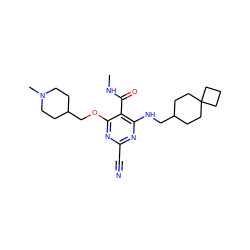 CNC(=O)c1c(NCC2CCC3(CCC3)CC2)nc(C#N)nc1OCC1CCN(C)CC1 ZINC000040407676