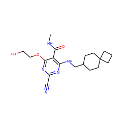 CNC(=O)c1c(NCC2CCC3(CCC3)CC2)nc(C#N)nc1OCCO ZINC000040404418