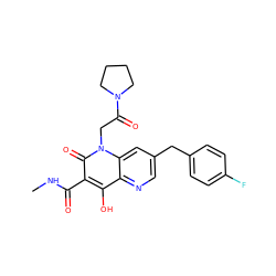 CNC(=O)c1c(O)c2ncc(Cc3ccc(F)cc3)cc2n(CC(=O)N2CCCC2)c1=O ZINC000150147725