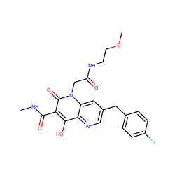 CNC(=O)c1c(O)c2ncc(Cc3ccc(F)cc3)cc2n(CC(=O)NCCOC)c1=O ZINC000150314087