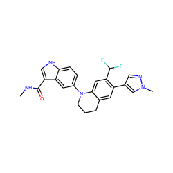 CNC(=O)c1c[nH]c2ccc(N3CCCc4cc(-c5cnn(C)c5)c(C(F)F)cc43)cc12 ZINC001772570925