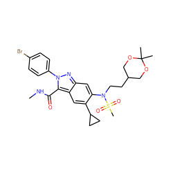 CNC(=O)c1c2cc(C3CC3)c(N(CCC3COC(C)(C)OC3)S(C)(=O)=O)cc2nn1-c1ccc(Br)cc1 ZINC000096174199