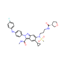 CNC(=O)c1c2cc(C3CC3)c(N(CCCNC(=O)[C@@H]3CCOC3)S(C)(=O)=O)cc2nn1-c1ccc(Nc2ccc(F)cc2)cc1 ZINC000169686768