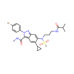 CNC(=O)c1c2cc(C3CC3)c(N(CCCNC(=O)C(C)C)S(C)(=O)=O)cc2nn1-c1ccc(Br)cc1 ZINC000096174175