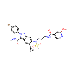 CNC(=O)c1c2cc(C3CC3)c(N(CCCNC(=O)c3ccnc(OC)c3)S(C)(=O)=O)cc2nn1-c1ccc(Br)cc1 ZINC000096174183