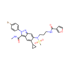 CNC(=O)c1c2cc(C3CC3)c(N(CCCNC(=O)c3ccoc3)S(C)(=O)=O)cc2nn1-c1ccc(Br)cc1 ZINC000096174176