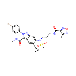 CNC(=O)c1c2cc(C3CC3)c(N(CCCNC(=O)c3nonc3C)S(C)(=O)=O)cc2nn1-c1ccc(Br)cc1 ZINC000096174184