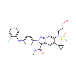 CNC(=O)c1c2cc(C3CC3)c(N(CCCO)S(C)(=O)=O)cc2nn1-c1ccc(Nc2ccccc2F)cc1 ZINC000096174195