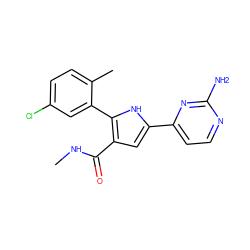 CNC(=O)c1cc(-c2ccnc(N)n2)[nH]c1-c1cc(Cl)ccc1C ZINC000203539782