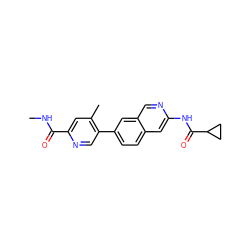 CNC(=O)c1cc(C)c(-c2ccc3cc(NC(=O)C4CC4)ncc3c2)cn1 ZINC000144339376