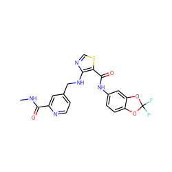 CNC(=O)c1cc(CNc2ncsc2C(=O)Nc2ccc3c(c2)OC(F)(F)O3)ccn1 ZINC000028951833