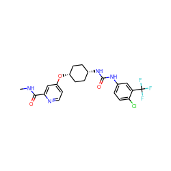 CNC(=O)c1cc(O[C@H]2CC[C@@H](NC(=O)Nc3ccc(Cl)c(C(F)(F)F)c3)CC2)ccn1 ZINC000101685075