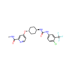 CNC(=O)c1cc(O[C@H]2CC[C@H](NC(=O)Nc3ccc(Cl)c(C(F)(F)F)c3)CC2)ccn1 ZINC000101685113