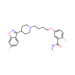 CNC(=O)c1cc(OCCCCN2CCC(c3noc4cc(F)ccc34)CC2)ccc1F ZINC000653871568