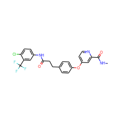 CNC(=O)c1cc(Oc2ccc(CCC(=O)Nc3ccc(Cl)c(C(F)(F)F)c3)cc2)ccn1 ZINC000066123119