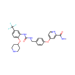 CNC(=O)c1cc(Oc2ccc(CNC(=O)Nc3cc(C(F)(F)F)ccc3OC3CCNCC3)cc2)ccn1 ZINC000113247185