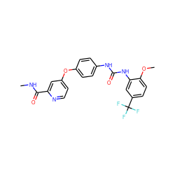 CNC(=O)c1cc(Oc2ccc(NC(=O)Nc3cc(C(F)(F)F)ccc3OC)cc2)ccn1 ZINC000013589533