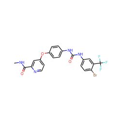 CNC(=O)c1cc(Oc2ccc(NC(=O)Nc3ccc(Br)c(C(F)(F)F)c3)cc2)ccn1 ZINC000013589539