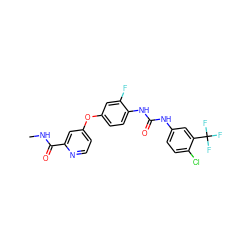 CNC(=O)c1cc(Oc2ccc(NC(=O)Nc3ccc(Cl)c(C(F)(F)F)c3)c(F)c2)ccn1 ZINC000006745272