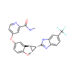 CNC(=O)c1cc(Oc2ccc3c(c2)[C@@H]2[C@@H](O3)[C@H]2c2nc3ccc(C(F)(F)F)cc3[nH]2)ccn1 ZINC000207808521