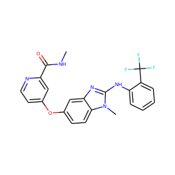 CNC(=O)c1cc(Oc2ccc3c(c2)nc(Nc2ccccc2C(F)(F)F)n3C)ccn1 ZINC000040894611