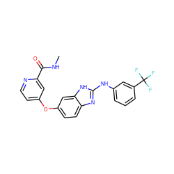 CNC(=O)c1cc(Oc2ccc3nc(Nc4cccc(C(F)(F)F)c4)[nH]c3c2)ccn1 ZINC000040406993