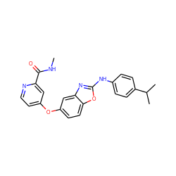 CNC(=O)c1cc(Oc2ccc3oc(Nc4ccc(C(C)C)cc4)nc3c2)ccn1 ZINC000071340326