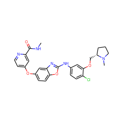 CNC(=O)c1cc(Oc2ccc3oc(Nc4ccc(Cl)c(OC[C@@H]5CCCN5C)c4)nc3c2)ccn1 ZINC000014965294