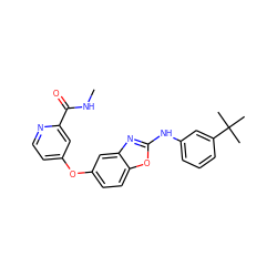 CNC(=O)c1cc(Oc2ccc3oc(Nc4cccc(C(C)(C)C)c4)nc3c2)ccn1 ZINC000071340547