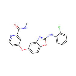 CNC(=O)c1cc(Oc2ccc3oc(Nc4ccccc4Cl)nc3c2)ccn1 ZINC000071340249